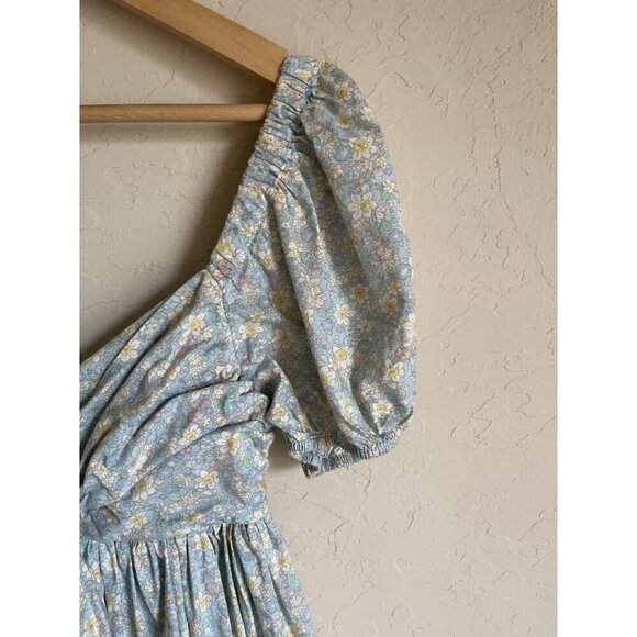 Mable Size Medium Smocked Tie Bow Doll Front Blue Floral Mini Dress A-Line Puff - Picture 7 of 8